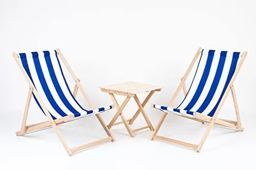 Produktbild: Pattern Set 2X Lounger + Table Traditional Line Liegestuhl Sonnenliege Klappbar, Gartenliege Rückenlehne verstellbar leicht klappbar Garten Balkon Strand Holzklappstühle Naturholz Lounger (STRIPED)