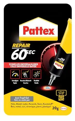 Produktbild: Pattex 60sec. Universalkleber, Alleskleber für Haushaltsreparaturen, schnell klebend in nur 60 Sekunden, starker Kleber für vielfältige Materialien, 1x20g Tube
