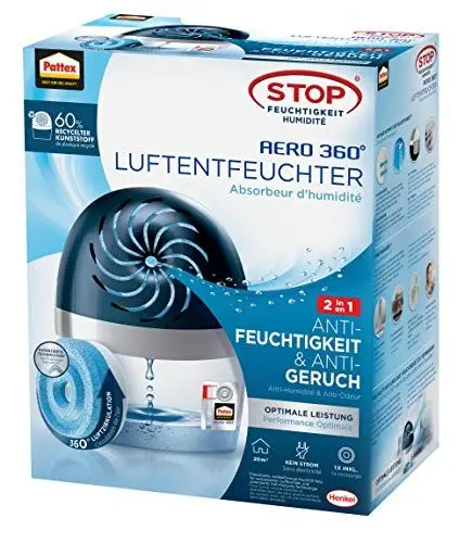 Produktbild: Pattex AERO 360º Luftentfeuchter, ultra-absorbierender Raumentfeuchter, hilft Kondenswasser, Schimmel- und Modergeruch zu vermeiden, nachfüllbarer Raumluftentfeuchter, 1 Gerät inkl. 1 Nachfülltab 450g