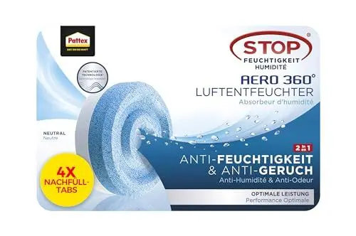 Produktbild: Pattex AERO 360° Neutral Tabs Nachfüllpack (4er-Pack), reduzieren Feuchtigkeit und schlechte Gerüche, Nachfülltabs für den Luftentfeuchter AERO 360°