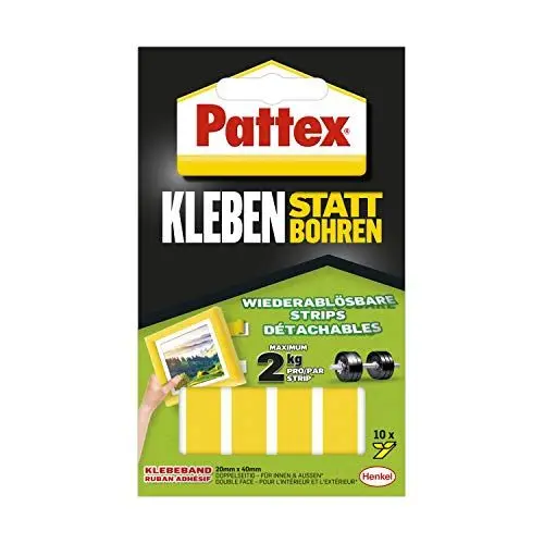 Produktbild: Pattex Kleben statt Bohren Klebe-Strips, starkes doppelseitiges Klebeband, ablösbare Klebestreifen, Kleber sichert Objekte dauerhaft ohne Bohren, 10 Streifen je 20 x 40mm