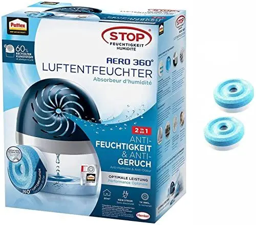 Produktbild: Pattex Luftentfeuchter Stop Feuchtigkeit AERO 360°, hocheffizienter Raumentfeuchter, nachfüllbar, reduziert Feuchtigkeit Gerüche & Schimmel, Spar-Set 1 Gerät + 3x 450 g Tab (1+2 extra), 9HPLAGSP1X
