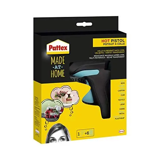 Produktbild: Pattex Made at Home Heißklebepistole, Kleber für kreative Heimwerkarbeiten, Set aus 1x Klebepistole und 6x Heißklebesticks mit 11mm Durchmesser