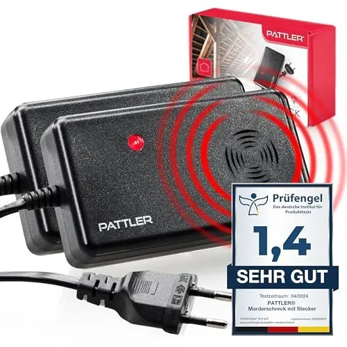 Produktbild: PATTLER ® Marderschreck Auto mit Stecker - für 60m². Marderschreck für Dachboden, Haus, Garten, Garage. Anschluss an Steckdose. Marderabwehr Dachboden mit Ultraschall - 2 Stück