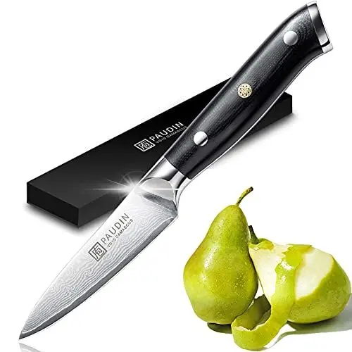 Produktbild: PAUDIN Damast Schälmesser 9 cm - Obst und Gemüsemesser Japanisches VG10 Küchenmesser mit ergonomischem schwarzem G10-Griff