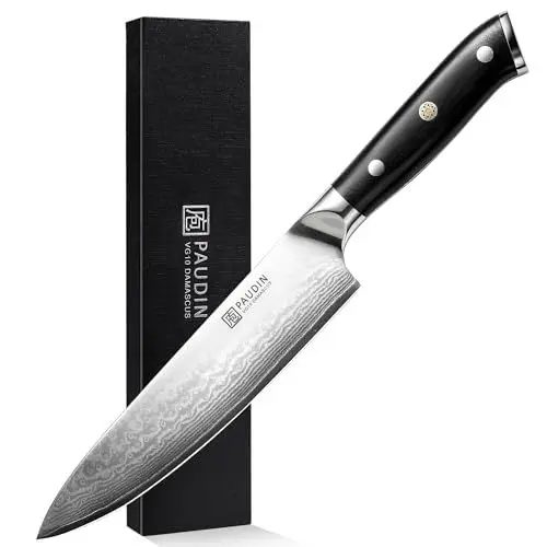 Produktbild: PAUDIN Damastmesser 20 cm Kochmesser profi Küchenmesser scharfes Messer mit ergonomischem G10-Griff aus Damaststahl für Fisch Gemüse Obst Fleisch Brot Kuchen Käse