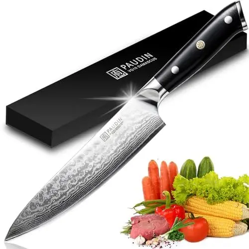 Produktbild: PAUDIN Damastmesser Kochmesser 20 cm Küchenmesser Damaskus Messer mit Ergonomischem G10-Griff, Scharfes Japanisches VG10-Stahl-Kochmesser