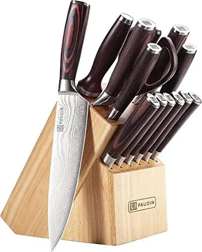 Produktbild: PAUDIN Messerblock Set 14-teilig aus 1.4116 Edelstahl mit Holzblock, Wetzstahl&Schere, Rostfrei, extrem scharf Küchenmesser Set für Haushalt & Profis, FDA, Ideal als Geschenk