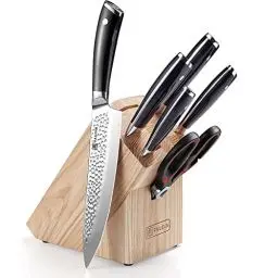 Produktbild: PAUDIN Messerblock mit Messer, Messerset mit Holzblock, 7-tlg Küchenmesser Set aus hochwertigem Carbon Edelstahl, 5 Profi Ultra scharfe Kochmesser, Rot Schere und Holzblock, Ergonomischer Griff