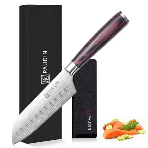 Produktbild: PAUDIN Santokumesser 13 cm, Ultrascharfes Küchenmesser aus Hochkohlenstoff-Edelstahl, Ergonomisch&Vielseitig für Fleisch, Gemüse&Obst, Ideal für Hobbyköche&Profis, Nachhaltig mit lebenslanger Garantie