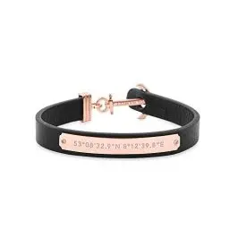 Produktbild: PAUL HEWITT Anker Armband Signum Koordinaten - Armband Leder Damen (Schwarz) mit Anker Schmuck aus IP-Edelstahl (Rosegold)