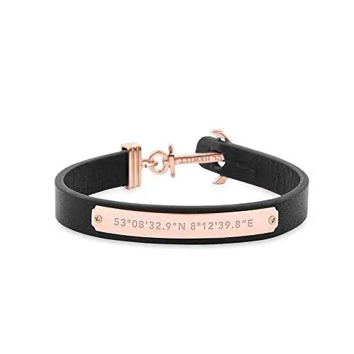 Produktbild: PAUL HEWITT Anker Armband Signum Koordinaten - Armband Leder Damen (Schwarz) mit Anker Schmuck aus IP-Edelstahl (Rosegold)