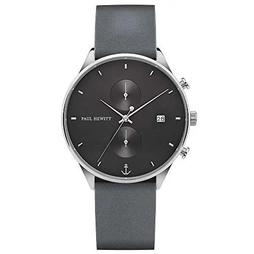 Produktbild: PAUL HEWITT Chronograph Herren Chrono Line Midnight Ocean - Herren Chronograph Edelstahl (Silber), Armbanduhr Männer mit Stoppuhr und Lederarmband (Grau-Blau), blaues Ziffernblatt