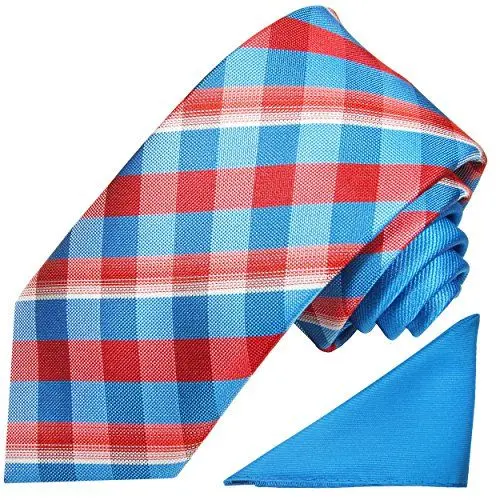 Produktbild: Paul Malone Kontrast Knoten Krawatten Set 2tlg modernes Design + Einstecktuch blau rot kariert