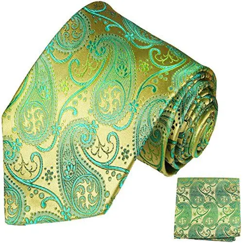 Produktbild: Paul Malone Krawatten Set 100% Seide grün gold paisley Hochzeit Hochzeitskrawatte mit Einstecktuch