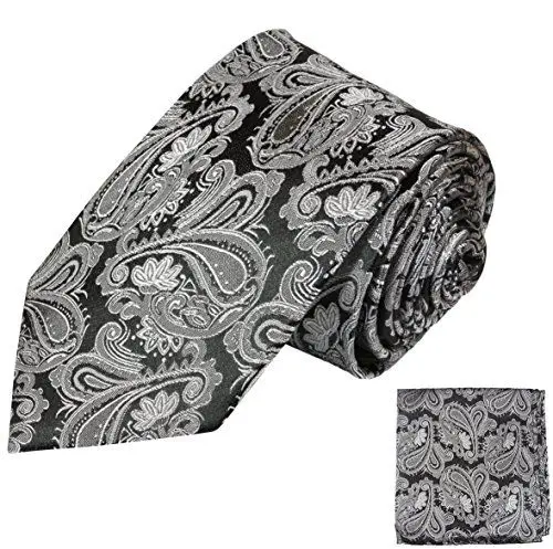 Produktbild: Paul Malone Seidenkrawatten Set 2tlg schmale 6cm Krawatte schwarz silber paisley + Einstecktuch (Normallange 150cm)