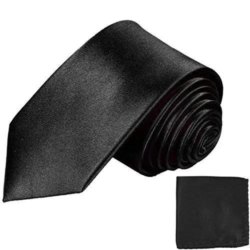 Produktbild: Paul Malone Seidenkrawatten Set 2tlg schmale 6cm Krawatte schwarz uni satin + Einstecktuch (Normallange 150cm)