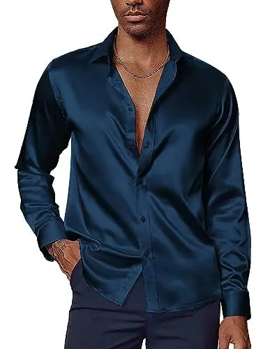 Produktbild: PaulJones Glitzer Hemd Herren Business Hemd Bügelfrei Satin Hemd Langarm Seidenhemd Regular Fit Dunkelblau M