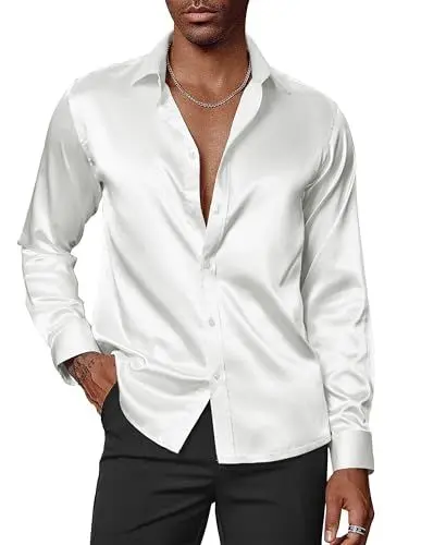 Produktbild: PaulJones Business Hemd Herren Bügelfrei Satin Hemd Langarm Glitzer Hemd Herren Seidenhemd Disco Outfit Weiß M
