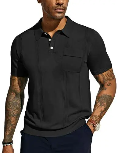 Produktbild: Poloshirts für Herren mit Knopf Kurzarm Textur Golf Polo Strick Poloshirt Retro 1960s L Schwarz 614S24-1