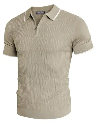 Produktbild: PaulJones Poloshirts für Herren Kurzarm Strick Polo Polohemd Herren mit Reißverschluss Aprikose XL