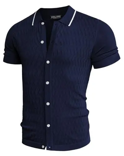 Produktbild: PaulJones Poloshirts für Herren Slim Fit Kurzarm Strick Polo Polohemd Herren Button Down Dunkelblau S