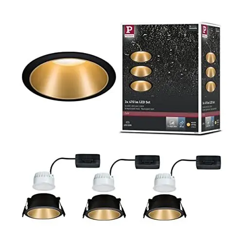 Produktbild: Paulmann Einbaustrahler Cole Coin, 3-Stufen Dimmbar, Ø 88mm, 3 x 6,5W, 460 lm, IP44 Spritzwasserschutz, 2700 Kelvin, Schwarz/Gold matt, Einbauleuchte