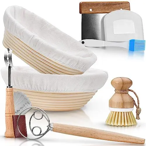 Produktbild: Paulson & Svenson® (2 Stück) Gärkörbchen zum Brotbacken Set inkl. Zubehör - aus 100% natürlichem Rattan inkl. Schneebesen, Teigschaber, Leinentuch, Pinsel & Bäckermesser