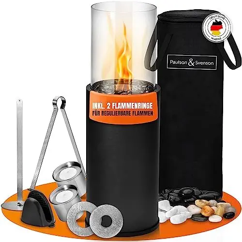 Produktbild: Paulson & Svenson® Bioethanol Standkamin inkl. Zubehör und extra Langer Brenndauer für Outdoor & Indoor - Terrassenfeuer mit Verstellbarer Flamme