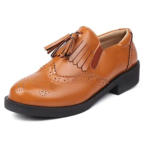 Produktbild: PAUVAODY Casual Damen Flach Loafers Quasten Chunky Heel Loafers Ohne Verschluss Penny Loafers Runde Zehen Low Loafers Schule Schuhe Lack Brown Siz 35