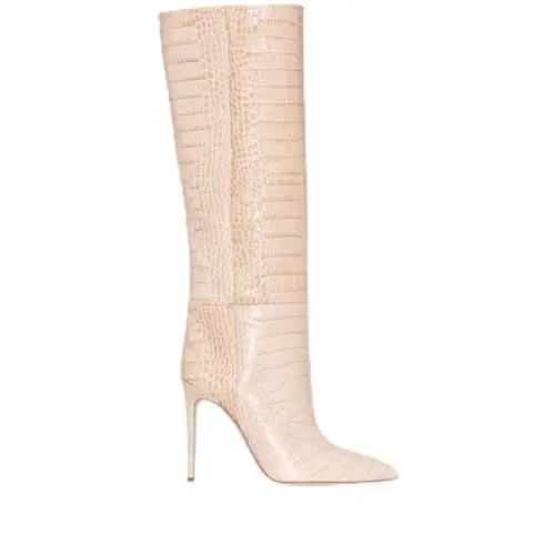 Produktbild: PAUVAODY Damen Mode Knee Hohe Stiefel Stiletto Pointed Toe Pull On Buro Lange Stiefel Party Hohe Stiefel Animal Print Lack Apricot Size 38