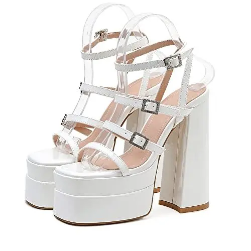 Produktbild: PAUVAODY Damens Chunky Heels Plateau Sandalen Open Toe Kn?Chelriemchen Schnalles Wedge Dress Pumps Abend Party Schuhe Mode Sommer Schuhe White Size 37