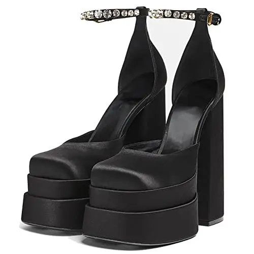 Produktbild: PAUVAODY Damens Plateau Chunky High Block Heels Kn?Chelriemchen Schnalles Wedge Dress Pumps Silk Satin Square Toe Hot High Heel Mode Schuhe Black Size 40