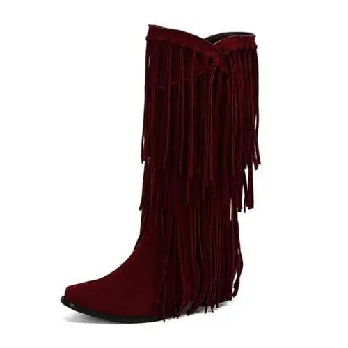 Produktbild: PAUVAODY Franse Cowboy Stiefel für Frauen Knee High Western Stiefel Pointy Toe Block Heel Quasten Cowgirl Stiefel Party Dress Hochzeit Schuhe Claret Size 32