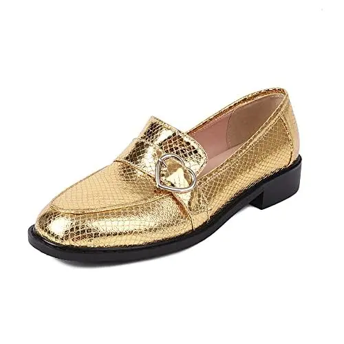 Produktbild: PAUVAODY Loafers für Frauen Plateau Chunky Heel Ohne Verschluss Penny Loafers Runde Zehen Low Heel Loafers Uniform Dress Schuhe Lack Gold Siz 39