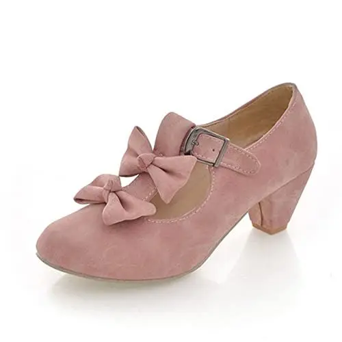 Produktbild: PAUVAODY Süss Damens Cone Heel Bogen Mary Jane Block Heel Pumps Double Schnalle Chunky Heel Pumps Round Geschlossen Dress Pumps Pink Size 40