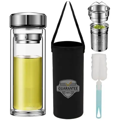 Produktbild: Pauzema 500ml Doppelwandige Glas Teeflasche mit 2 in 1 Edelstal Sieb to go, 17oz Tea Bottle 100% dicht