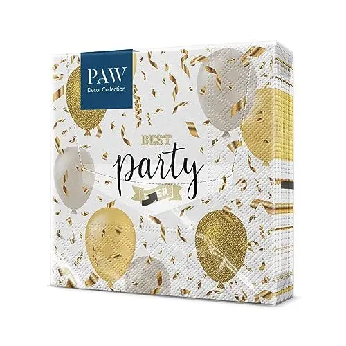 Produktbild: PAW - Servietten 3-lagig (33 x 33 cm) I 20 Stück I Perfekt für Geburtstage, Partys, Hochzeiten, Kommunion und Feiern I Papierservietten Bunt - Luftballons, Gold, Partyaufschrift I Elegant Balloons