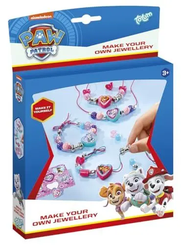 Produktbild: Paw Patrol Schmuck-Set basteln mit 3 farbigen Bändern, Motivperlen, Perlen in Herzform, Metallperlen in Knochenform, silbernen Perlen, Motiv-Sticker, Silver
