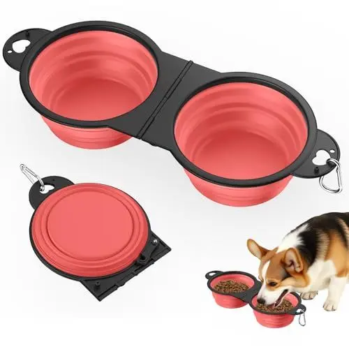 Produktbild: Pawaboo 2-in-1 Zusammenklappbare Hundenäpfe, Doppelte Welpenfutter- und Wassernäpfe, 180° Umklappbare, Tragbare Silikon-Hundenäpfe mit Metallhaken, 450ml Haustier-Reise-Näpfe, Helle Rosa