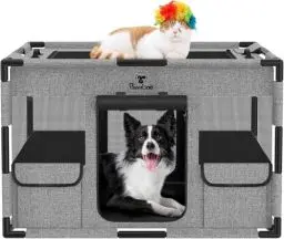 Produktbild: Pawaboo Welpenauslauf Extra Groß Haustier Laufstall, Tragbar Handtasche Hundebox für Katze Hunde, Hund Laufgitter, Verdickt PVC Rohr Rahmen, Mittel, Schwarz/Grau
