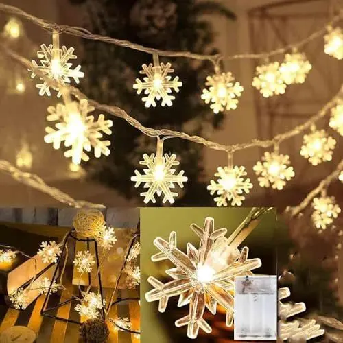 Produktbild: PAWARSO Weihnachten Lichterkette Schneeflocke 6M 40LED Lichterketten Batterie Wasserdicht Außen Innen Lichterketten für Weihnachten Deko