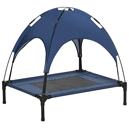 Produktbild: PawHut Erhöhtes Hundebett mit Baldachin, Haustierbett, Hundeliege Outdoor mit Dach, Atmungsaktiv, Taftstoff für Camping Dunkelblau 76 x 61 x 73 cm