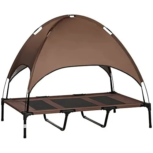 Produktbild: PawHut Erhöhtes Hundebett mit Baldachin, Haustierbett, Hundeliege Outdoor mit Dach, Atmungsaktiv, Taftstoff für Camping Kaffee 122 x 92 x 108 cm