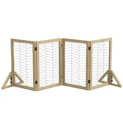 Produktbild: PawHut Hunde Absperrgitter aus Holz, Schutzgitter mit 4 Paneelen 187 x 70 cm Türgitter Treppengitter, Verstellbares Hundegitter mit Füßen für Treppen, Türen, Küche, Flur, Natur