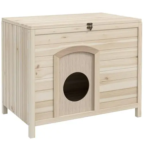 Produktbild: PawHut Hundehütte Hundehaus faltbar Haustierhaus mit Klappdach Katzenhaus Massivholz Natur 78 x 51 x 62 cm