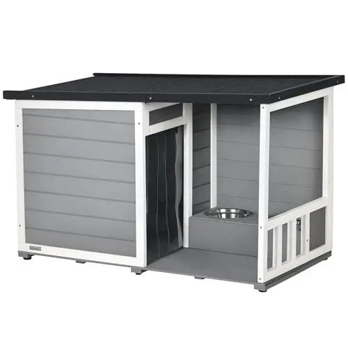 Produktbild: PawHut Hundehütte aus Holz, Hundehaus mit 2 Schüsseln, Terrasse, Outdoor Hundehaus Kleintierhaus für kleine Hunde mit Asphaltdach, für Draußen, Wetterbeständig, Grau, 103 x 62 x 60-66 cm