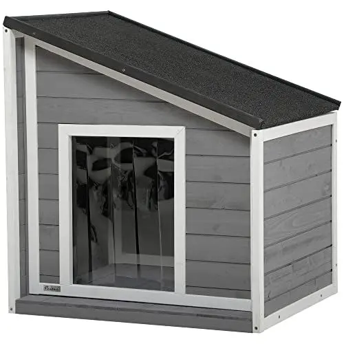 Produktbild: PawHut Hundehütte aus Holz, Hundehaus mit zu öffnendem Asphaltdach und Türvorhang, Outdoor Hundehaus, Kleintierhaus für kleine Hunde, draußen, Wetterbeständig, Grau, 71 x 58 x 53/77 cm