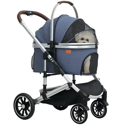 Produktbild: PawHut Hundewagen 3 in 1 Hundebuggy klappbar für Hunde & Katzen bis 10 kg Katzenbuggy mit Kissen Netzfenstern Türen Aufbewahrungskorb Katzenwagen Buggy Dunkelblau