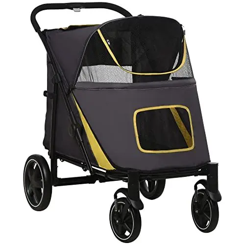 Produktbild: PawHut Hundewagen, Hundebuggy mit Kissen, faltbarer Hundetrolley, Katzenbuggy für große und mittelgroße Hunde, Hundetrolley mit Netzfenster, Sicherheitsleinen, Tasche, Oxfordstoff, Dunkelgrau